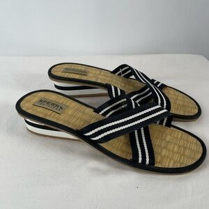 Sperry Criss Cross Low Wedge Sandal‎ in Black White Size 9